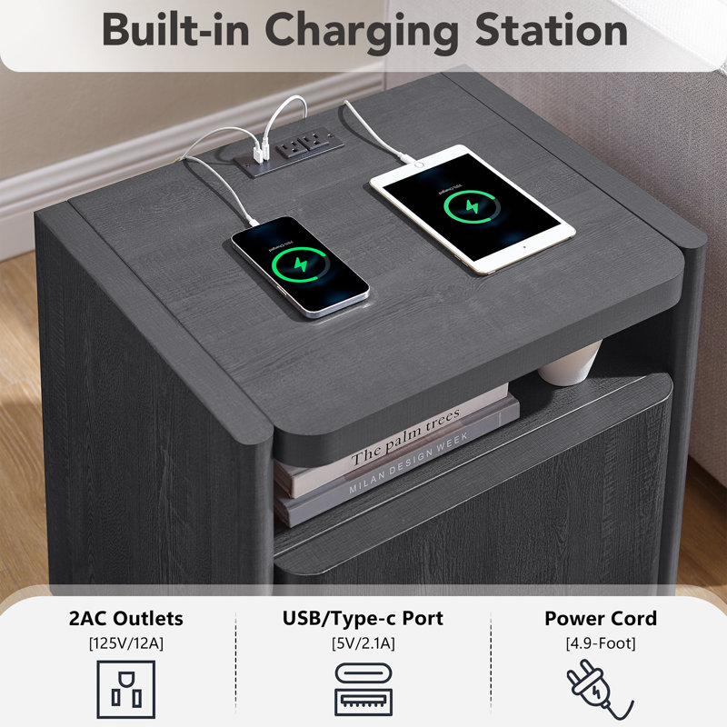 23'' Nightstand with Charging Station, Bedside Table with Storage and Open Shelves, Black