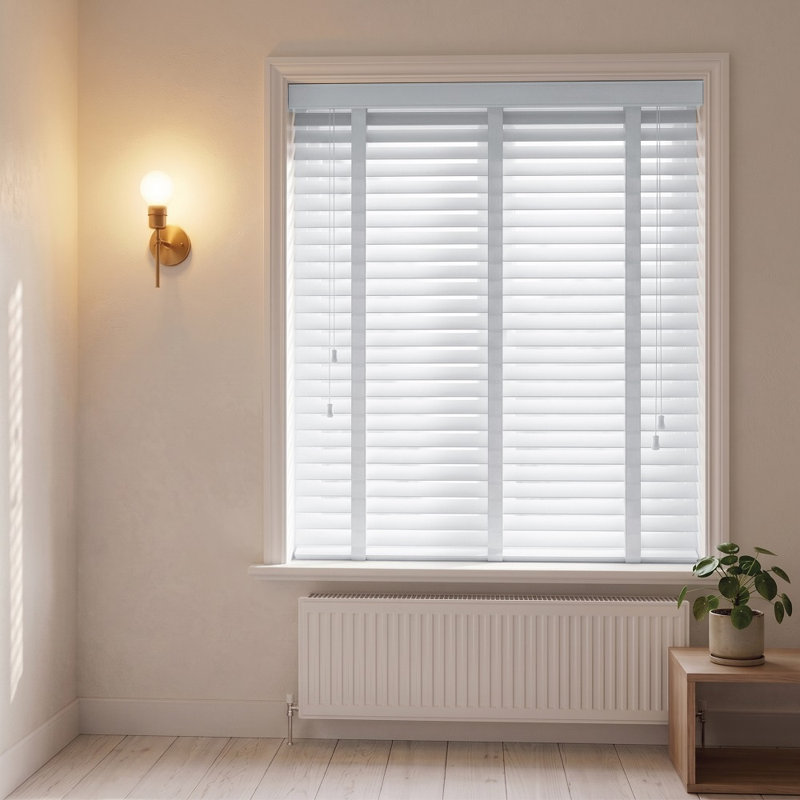 Faux Wood Venetian Blinds with Fabric Tape, Moisture-Resistant Horizontal Slats & Cord Control for Windows, White