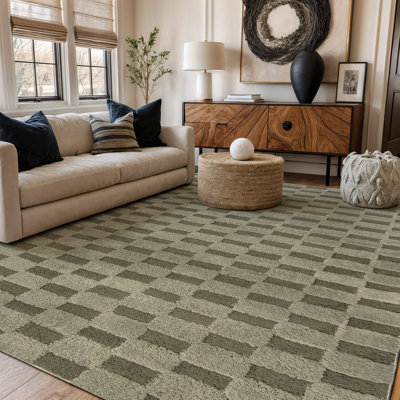 Tapis d'intérieur à poil long tissé à la machine à damier vert sauge