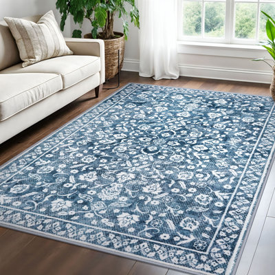 Blue Machine Washable Rugs for Bedroom Non-Slip Low Pile Throw Rugs with Rubber Backing Washable Carpet