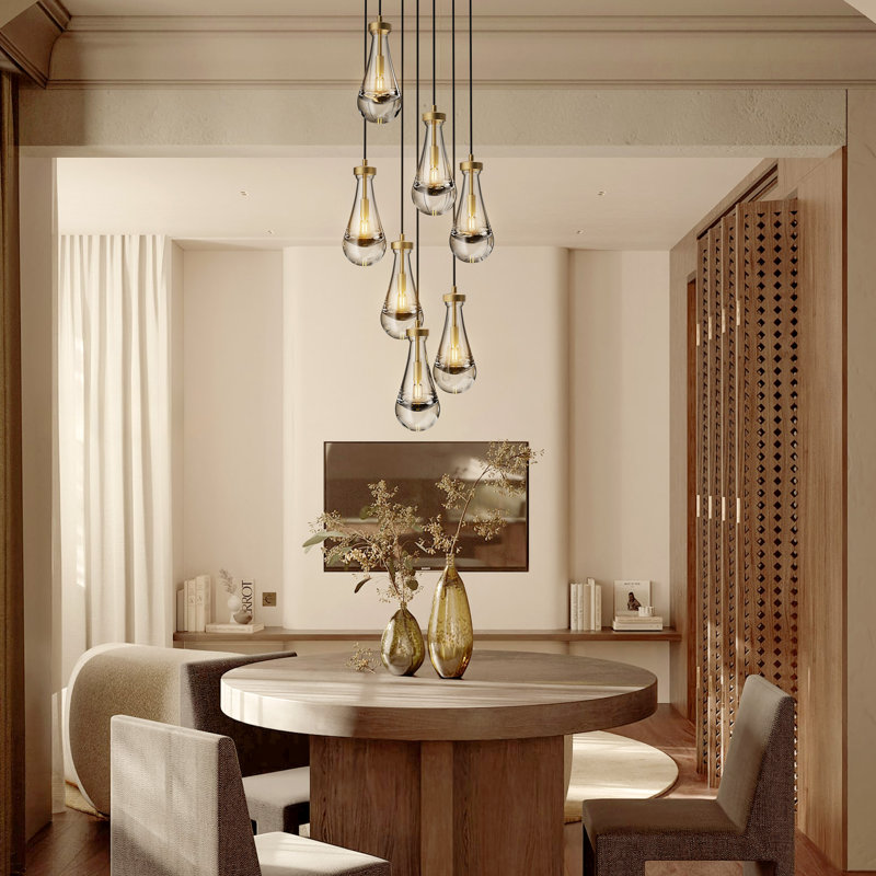 Poemoon 6-Light Modern Water Ripple Glass Chandelier – 15.7" Gold Frame, Handcrafted Clear Glass, Height Adjustable, E12 Base, Dimmable, For Dining Room, Living Room, Kitchen, Entryway