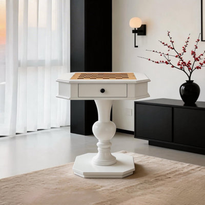Kasparov Wood Pedestal Game Table With Backgammon Board Top And Storage Drawer, White Finish(Game Board Reversible)