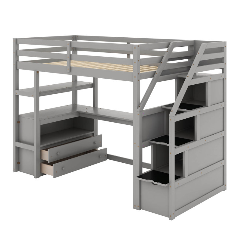 Lit mezzanine simple avec bureau et tablettes, Gris