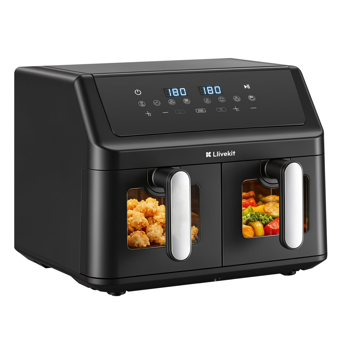 Dual Zone Air Fryer Oil Free 9L Large Air Fryer For Family, Digital Air Fryer With 2 Drawers, Cookbook, 10 Presets, Sync Cook & Sync Finish, Low Fat A