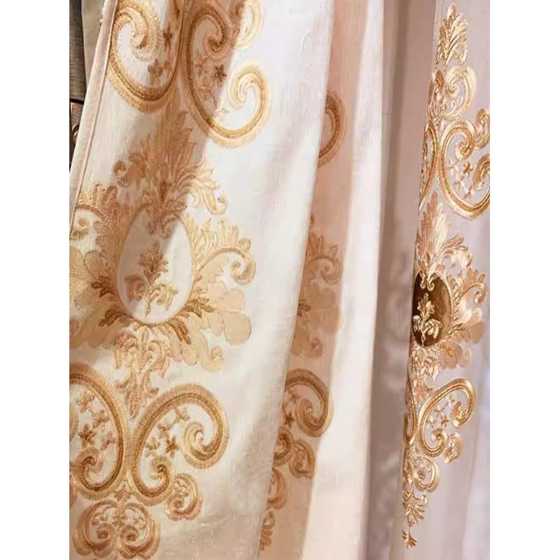 2Pcs European Living Room Chenille Gold Embroidery Champagne Curtain Fabric Bedroom Curtain Finished Product, Without Valance