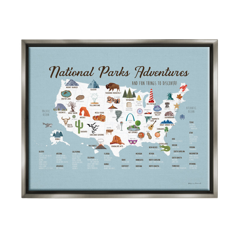 Carte des États-Unis, National Parks Adventures, par Stephanie Workman Marrott - impression, H 25 po x l 31 po x P 1,7 po