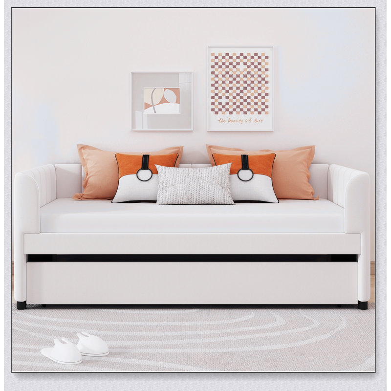 Upholstered Daybed With Ergonomic Design Backrest And Trundle, Beige