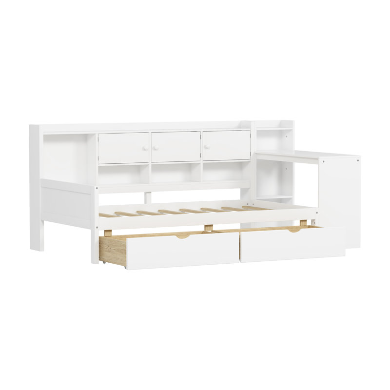 Twin L-shape Daybed With Plentiful Storage Areas, White Wooden Bed Study Desk & Bookcase Thoughtful Storage, Built-in, Twin