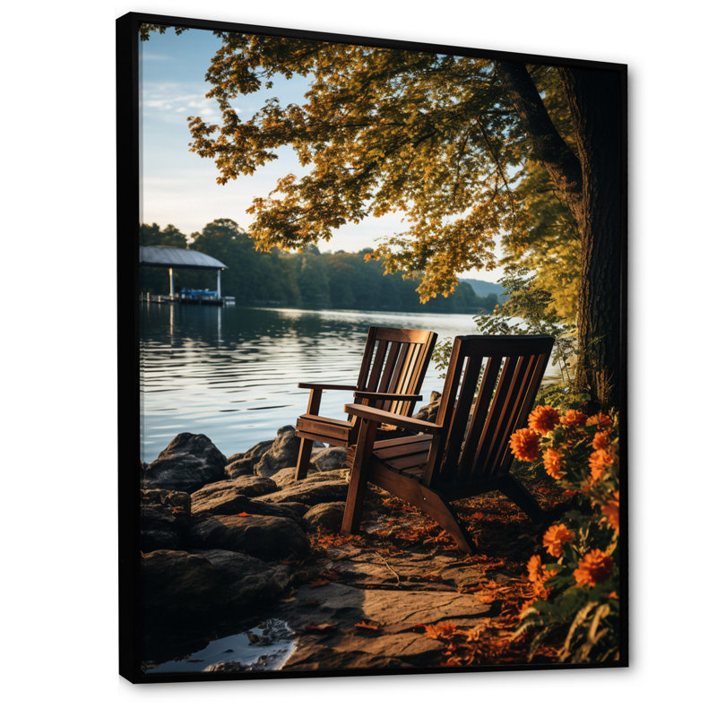 Waterfront Benchs I - reproduction sur toile, 44" H x 34" W, Cadre flottant noir