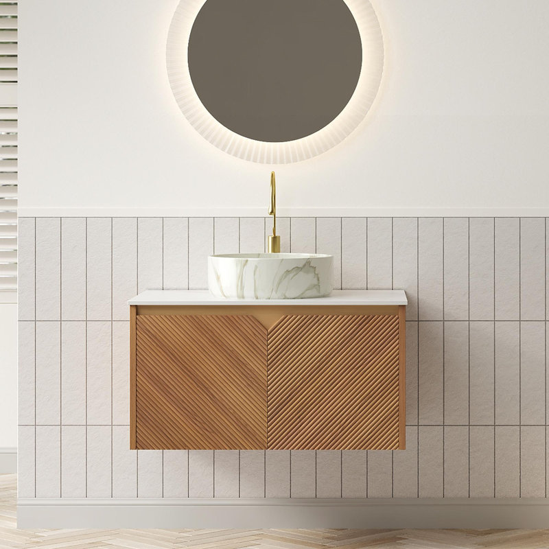 Wall-Mounted Bathroom Vanity, 30", Carrara White, Brown Oak