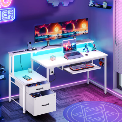 Harleysville Gaming Desk with Led Lights and Built-in Power Socket,Reversible Desk with Monitor Shelf and Cabinet ,Computer Desk with Pull-out Keyboard Tray