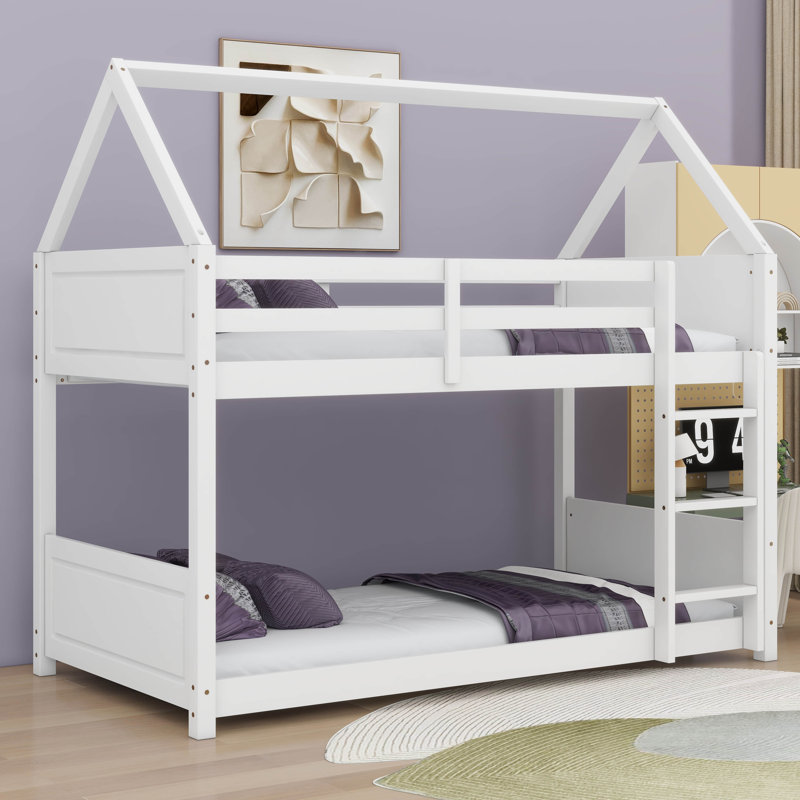  Lit superposé simple au-dessus de simple Antrell, lits superposés bas avec échelle et garde-corps, Blanc