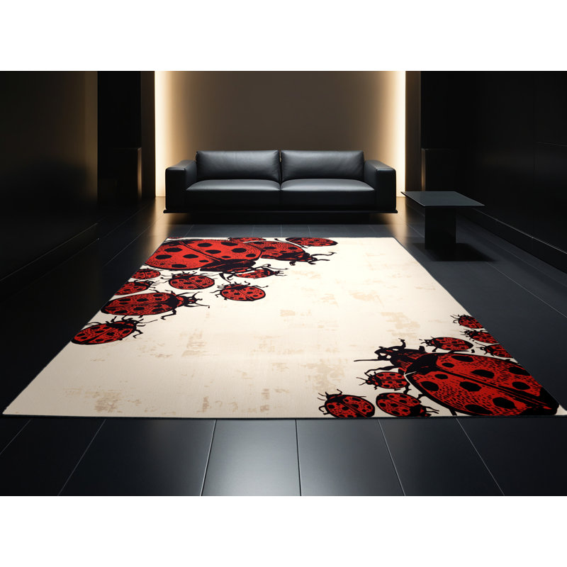 Tapis beige lavable à la machine à motif de coccinelles, 3 X 5