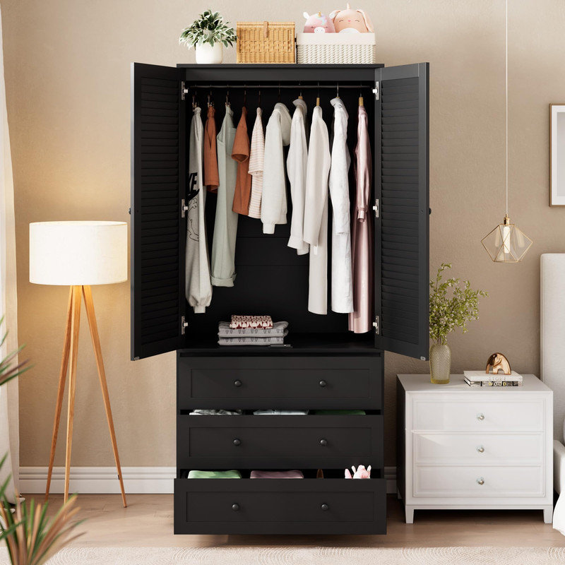 Armoire-penderie en bois 70 "avec tringle suspendue et 3 tiroirs 70" - Grande armoire de rangement pour chambre à coucher, style Art déco