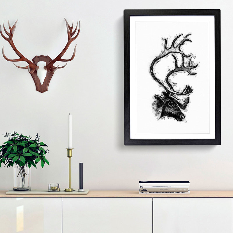 A Deer with Antlers Illustration in Black and White - Framed Print, 63cm H x 45cm W x 2cm D, Black Framed