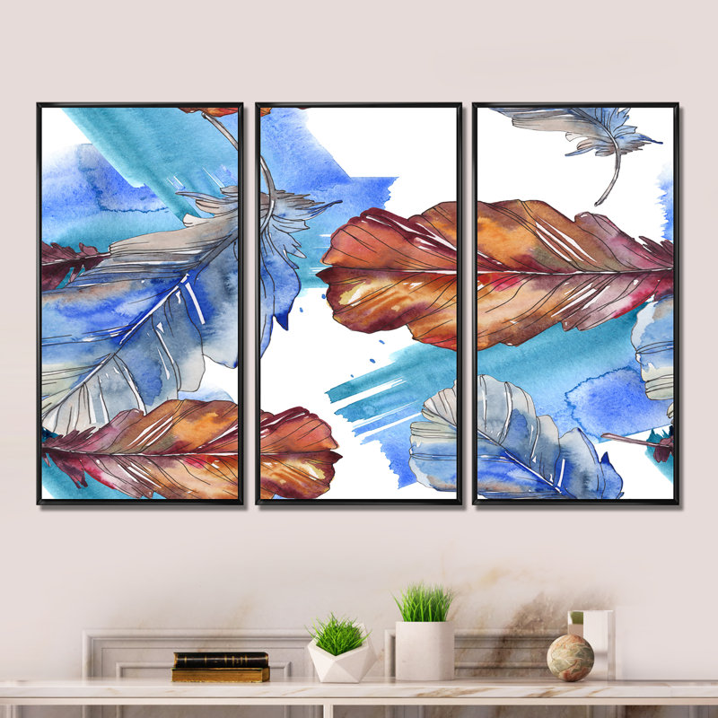 Brown Retro Feathers - 3 pièces, reproduction sur toile flottante, Cadre noir, H 28 po x l 36 po x P 1 po