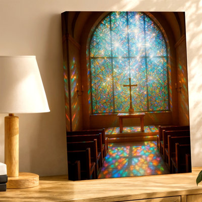 Stained Glass Church Window Cross Sunlight Chapel Religious Home Canvas Wall Art Print, Religious Christian Artwork for Living Room Bedroom Office Hallway Gallery Wall Home Decor Accent