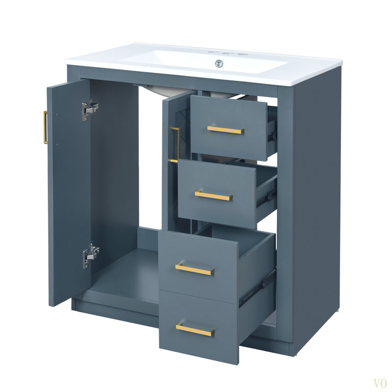 Ensemble de meuble-lavabo 30 po avec lavabo en céramique, armoire de rangement en bois massif, ensemble de meuble-lavabo autoportant avec 3 tiroirs et portes à fermeture douce