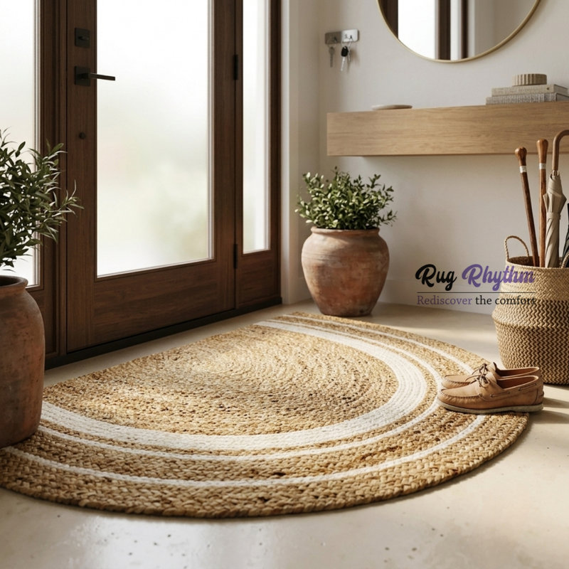 Tapis demi-rond en jute tressé à la main, à rayures, / Paillasson, 24 po x 42 po