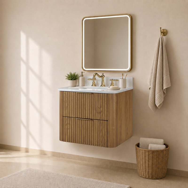  Meuble-lavabo flottant 36 po avec lavabo, meuble-lavabo mural cannelé, comptoir en faux marbre, tiroir à fermeture en douceur, entièrement assemblé, brun chêne clair
