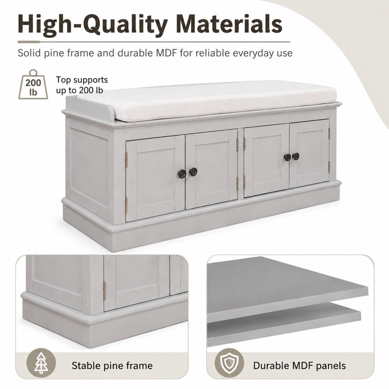 Linen Blend Upholstered Storage Bench, Gray Wash