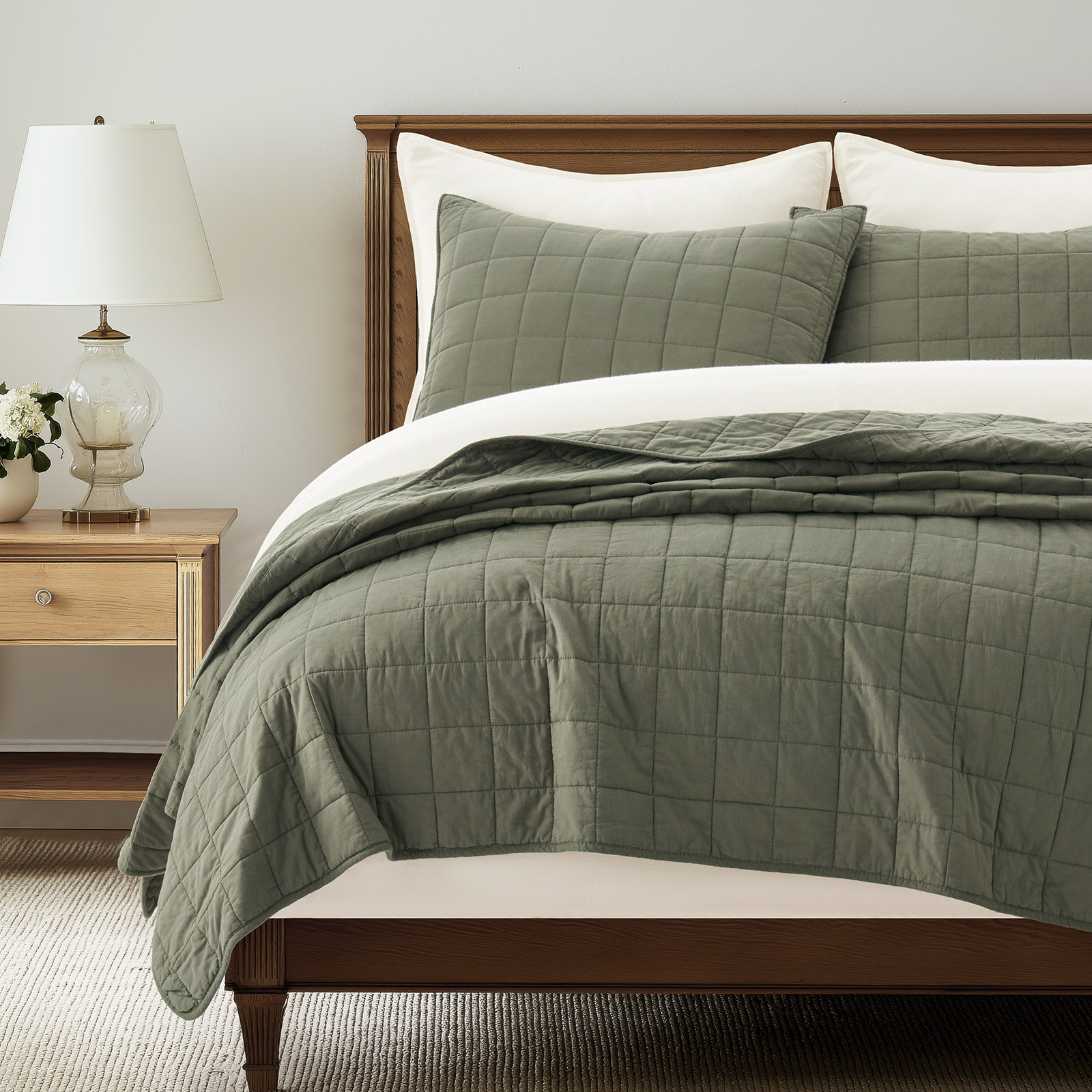 Cotton Quilt Set, King Quilt + 2 King Shams, Olive Green