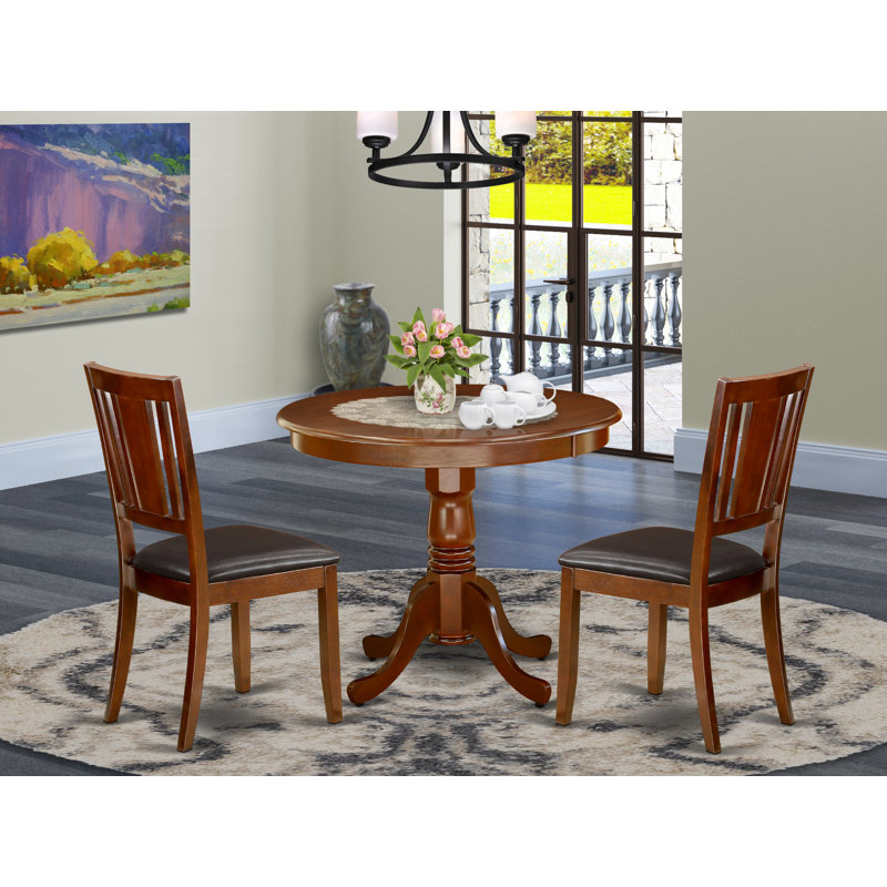3 Piece Dining Room Furniture Set Contains a Round Dining Table with Pedestal and 2 Faux Leather Upholstered Chairs, 36x36 Inch, Mahogany