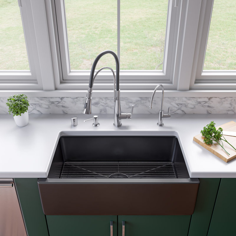 33.12'' L Single Bowl Granite Kitchen Sink, Black Gloss