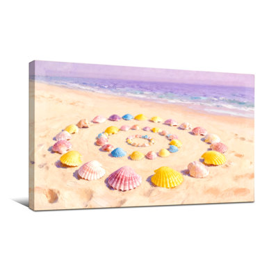Nautical & Beach Colorful Seashells Arranged In Spiral Pattern On Sandy Beach