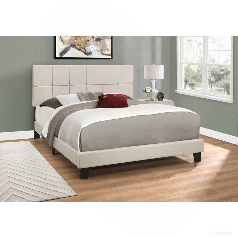Lit, grand lit, tapissier, aspect lin beige, pieds en bois noir, transitionnel