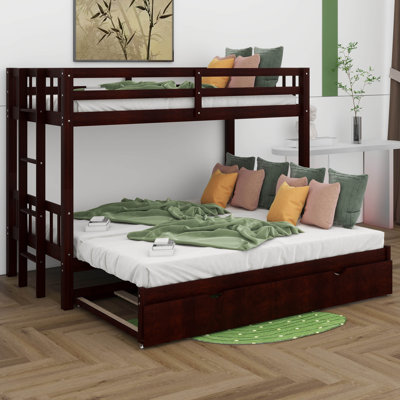 Lit superposé escamotable avec lit gigogne, lit superposé simple au-dessus d'un lit double, lit simple au-dessus de 2 lits simples avec échelle et rails de sécurité, lit superposé en bois massif