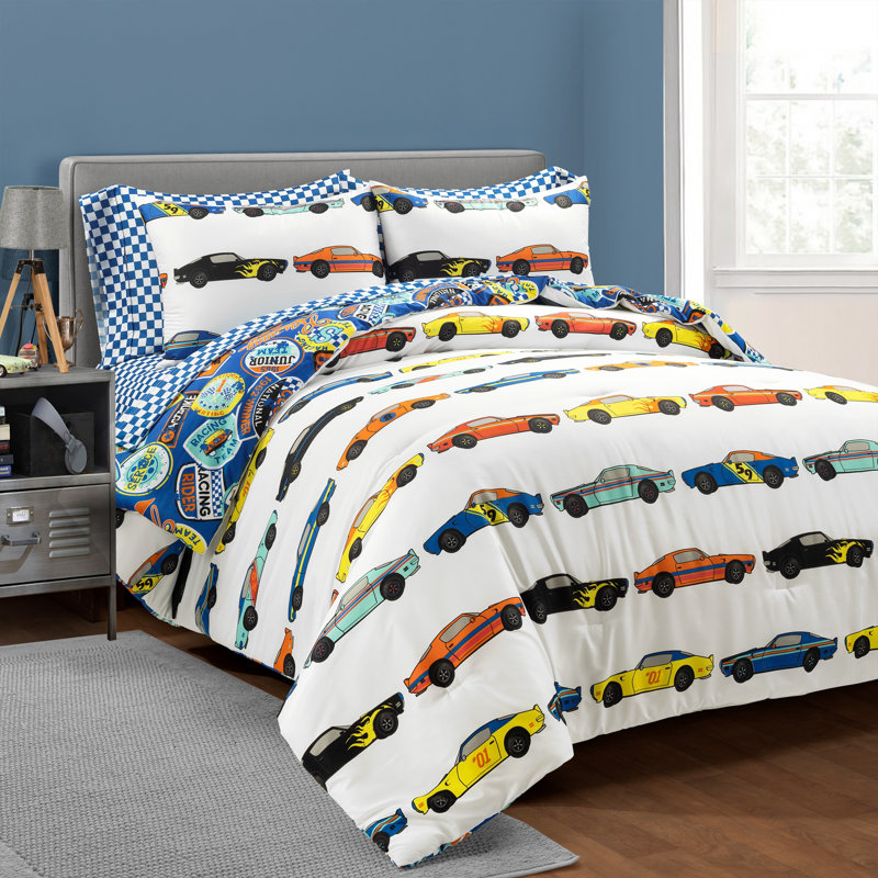 Race Cars Reversible Oversized With Printed Sheet Set Comforter White/Multi 5Pc Set Twin