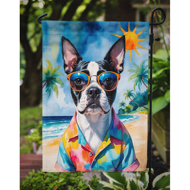 Bouvier bernois avec drapeau de jardin, Boston Terrier