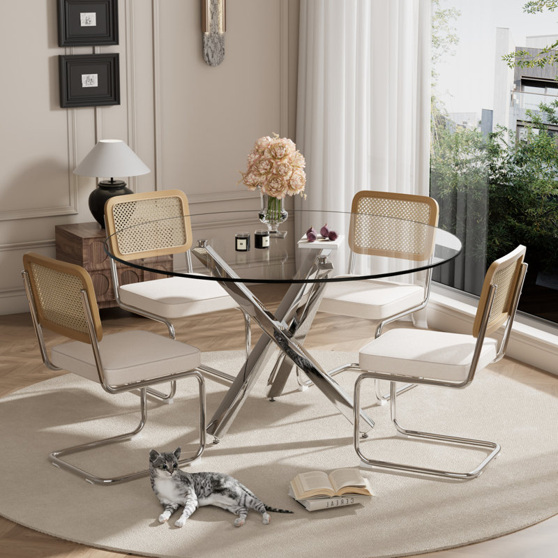 1 table de salle à manger en verre trempé et 4 chaises en porte-à-faux en velours, H 29,52 po x L 47,2 po x l 47,2 po, Beige