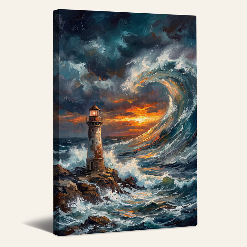 Art sur toile, "Phare au milieu d'une vague qui se brise au coucher du soleil", 30"H x 20"W