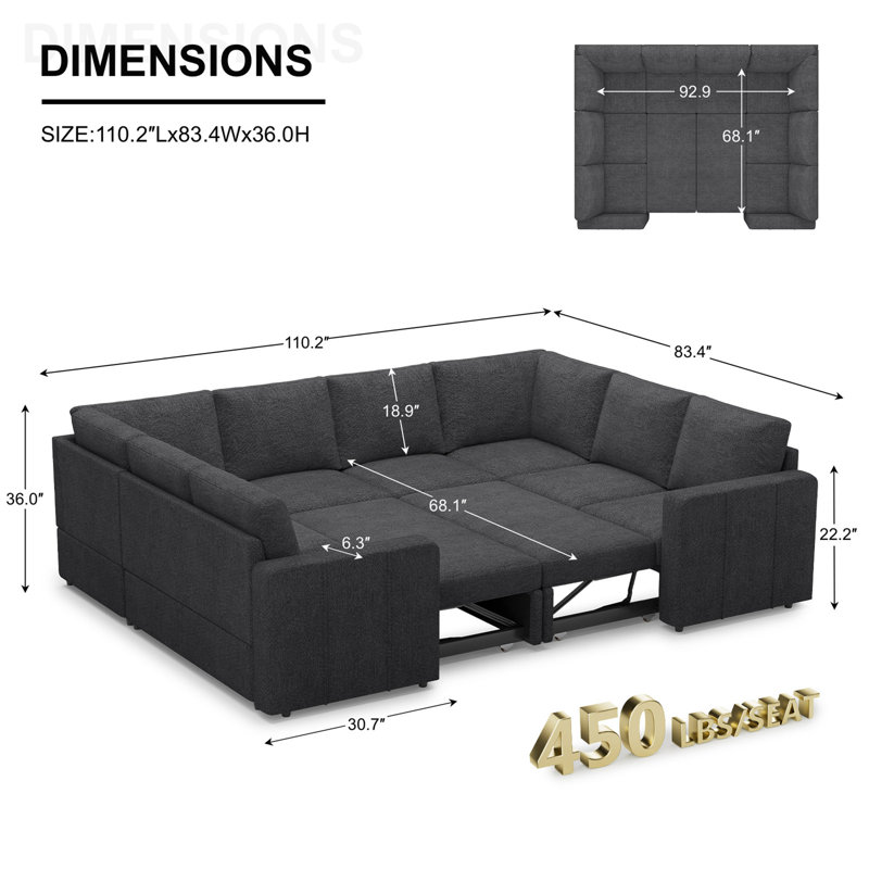 Divan-lit modulaire convertible en U Seybert, Chenille grise foncée