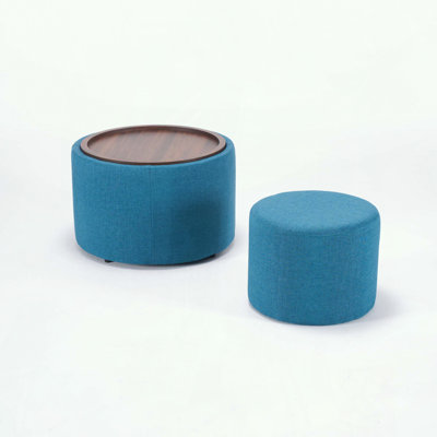 Set of 2 Linen Nesting Ottomans with Wood Tray and Storage