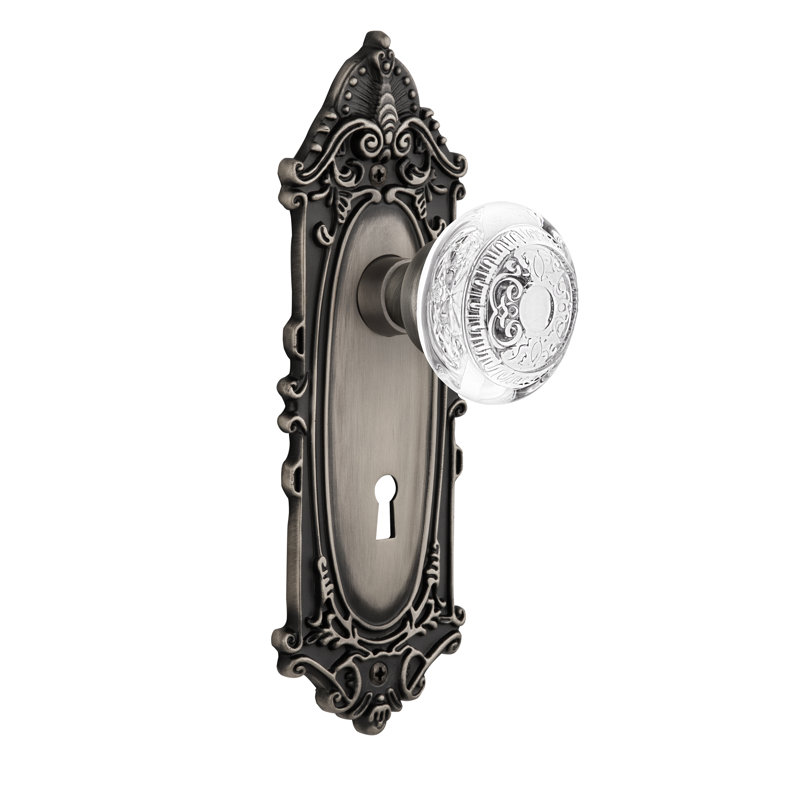 Victorian Plate with Decorative Keyhole and Crystal Egg & Dart Knob, Antique Pewter