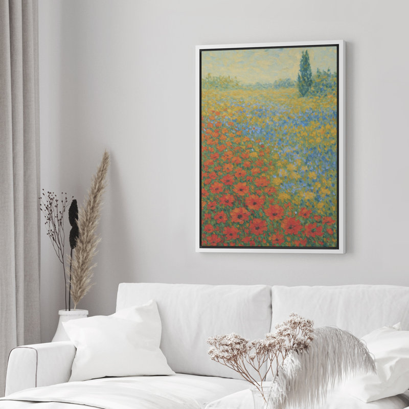 Impressionniste impressionnant sur toile de fleurs sauvages rouges et bleues prairies - Art de paysage de champ lumineux pour le salon ou le couloir - Décor inspiré de la nature