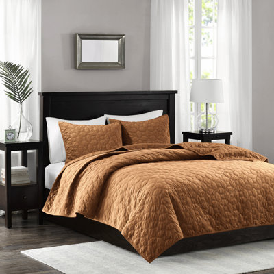 3 Piece Quilt Rust King/ King - Velvet, Geometric Quilting, Cotton Filled For Comfort Velvet In Elegant,