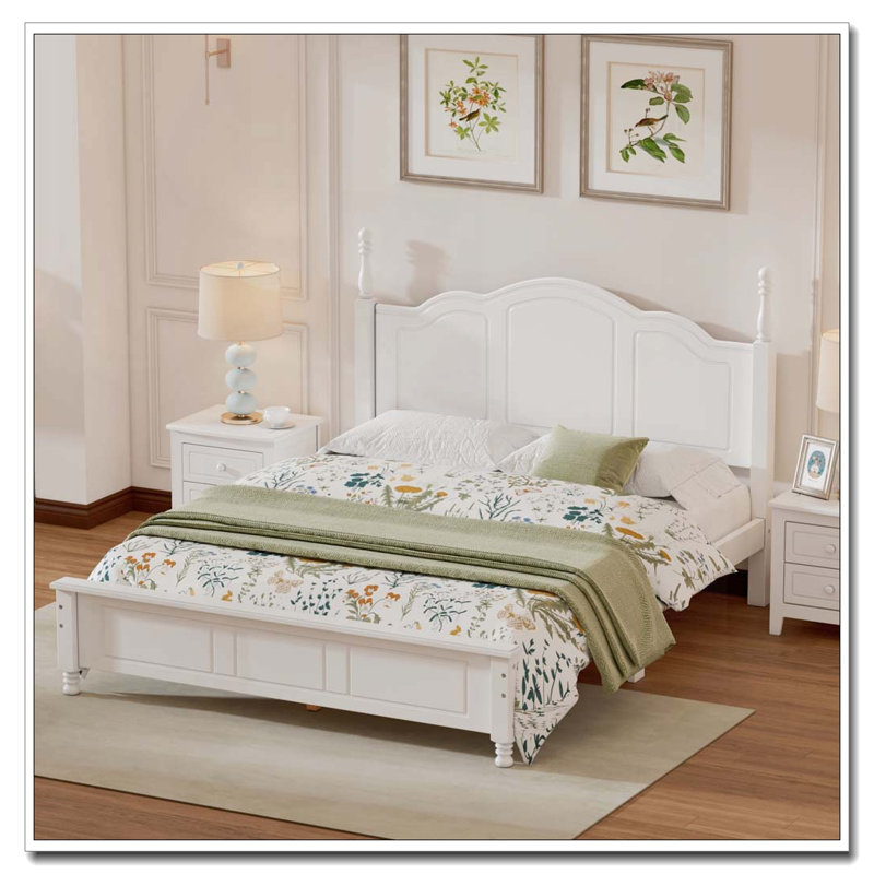 Grand lit plateforme rétro en bois avec support à lattes en bois, blanc, Blanc