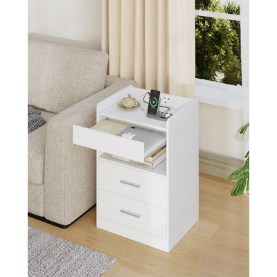 Bedside Table with Power Strip, Bedside Cabinet with Pull-Out Tray & 2 Drawers, Side Table with LED, Open Compartment, Nightstand for Living Room, Bedroom, Study