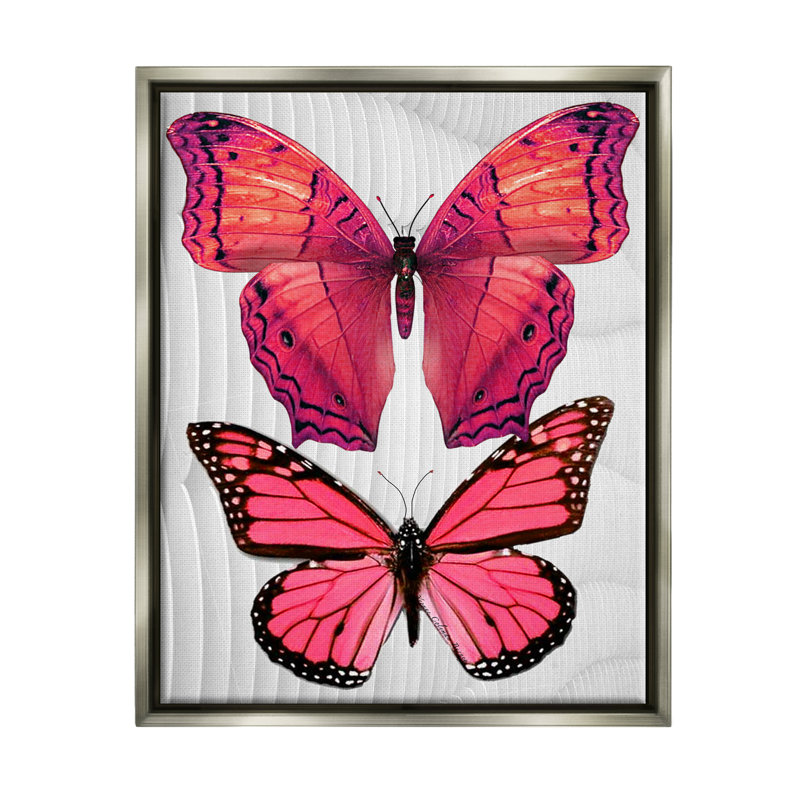 Papillons roses modernes encadrés sur bois, impression, H 21 po x l 17 po x P 1,7 po, Cadre flottant gris lustré