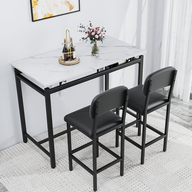 3 Pieces Dining Table Sets, With Fixed Table, Black