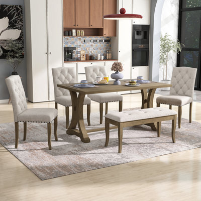 Shanequah 6-Piece Farmhouse Dining Table Set, Rectangular Trestle Table and 4 Upholstered Chairs & Bench for Dining Room,dining room set,dinning table set