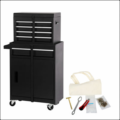 Coffre à outils durable à 5 tiroirs avec coffre supérieur amovible, roues verrouillables universelles et ensemble d'outils de 154 pièces pour le rangement organisé
