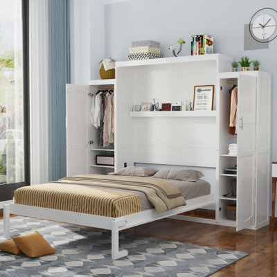 Lit escamotable, lit escamotable en bois avec 2 garde-robes et tablette de rangement, cadre de lit plateforme pliable multifonctionnel