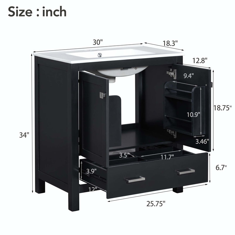 30" Black Bathroom Vanity with Single Undermount Sink, Solid Wood Frame with Soft Closing Doors and Drawer, Black