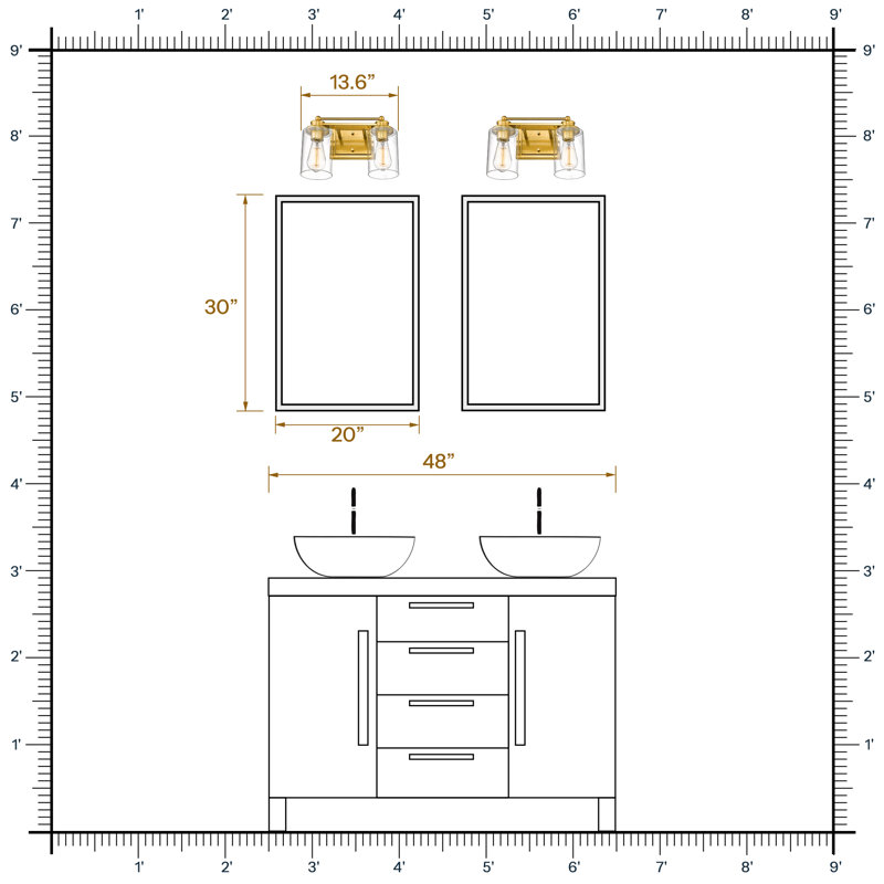 Éclairage pour meuble-lavabo 2 lumières avec abat-jour en verre transparent, Or