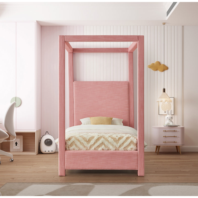 Bois massif Dunwich et plateforme rembourrée, Simple, Tissu texturé rose lin